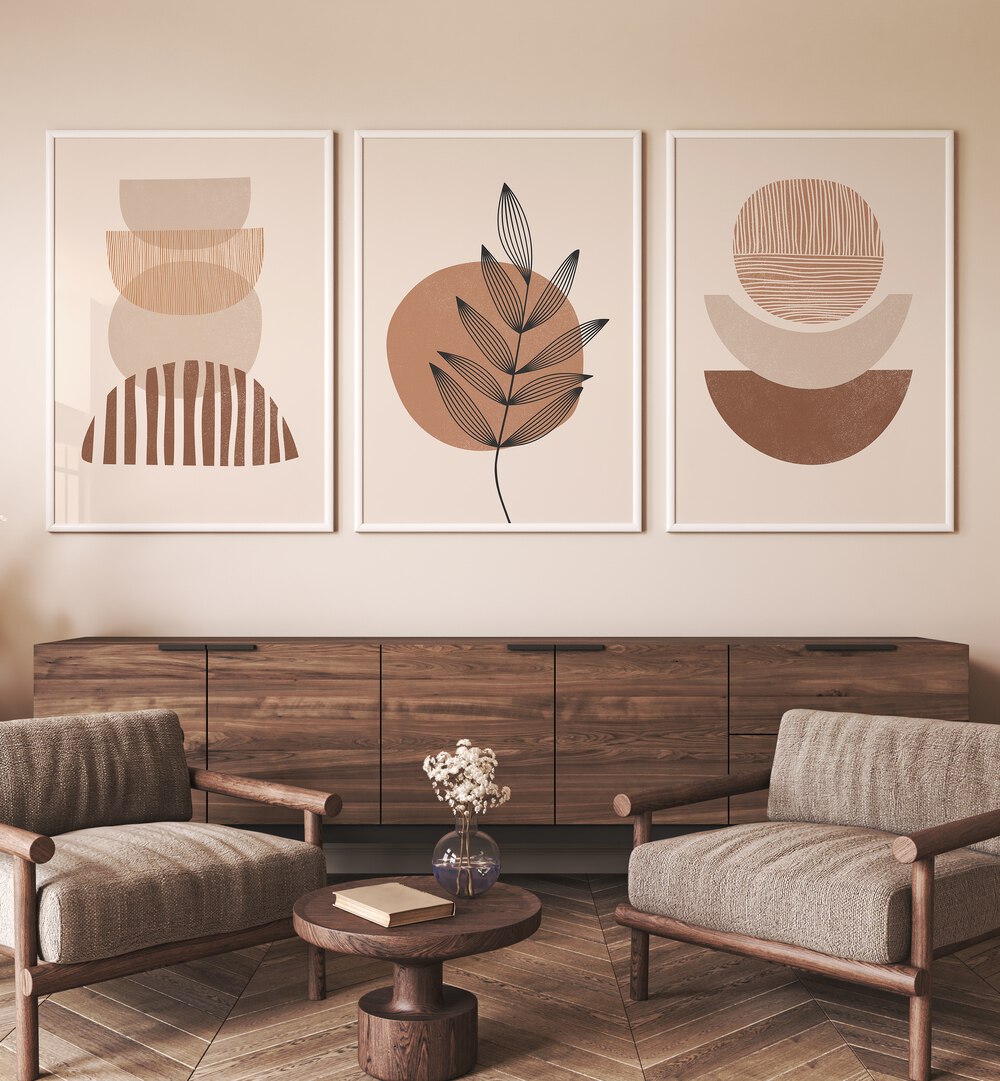 Elevate your decor with the MODERN LEAF GEOMETRIC SET, SET OF 3 PAINTINGS featuring stunning botanical art.