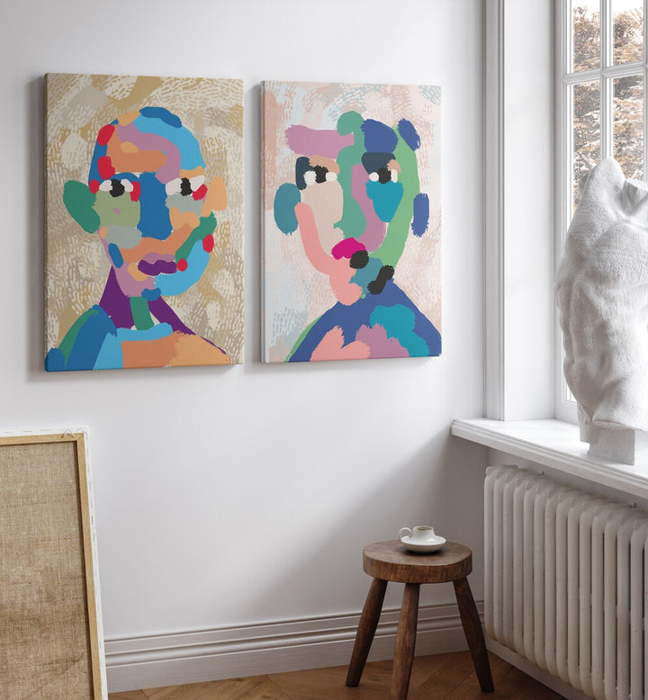 Vibrant MODERN PORTRAIT ABSTRACT, SET OF 2 PAINTINGS enhances contemporary decor with captivating colors and textures.