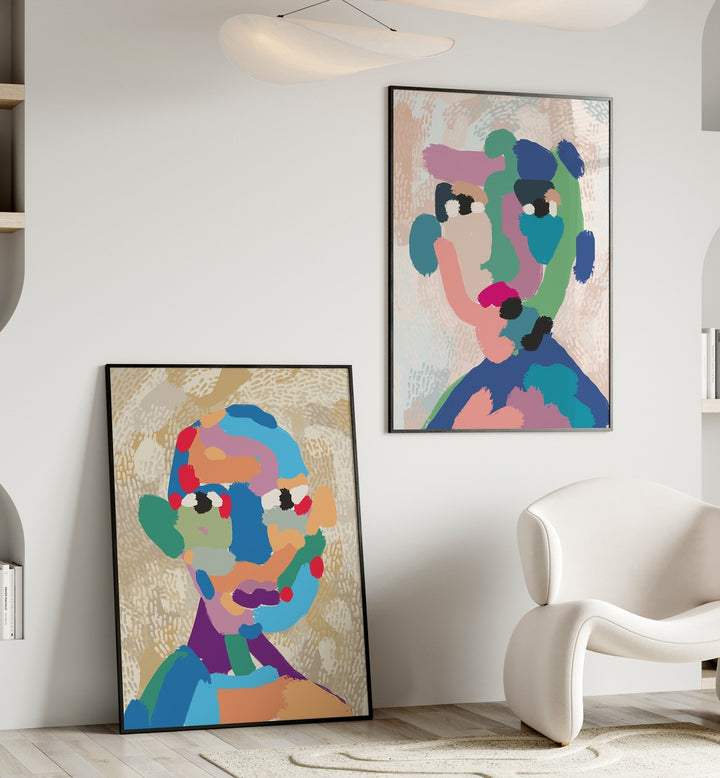 Vibrant MODERN PORTRAIT ABSTRACT, SET OF 2 PAINTINGS enhancing contemporary living spaces with stunning colors.
