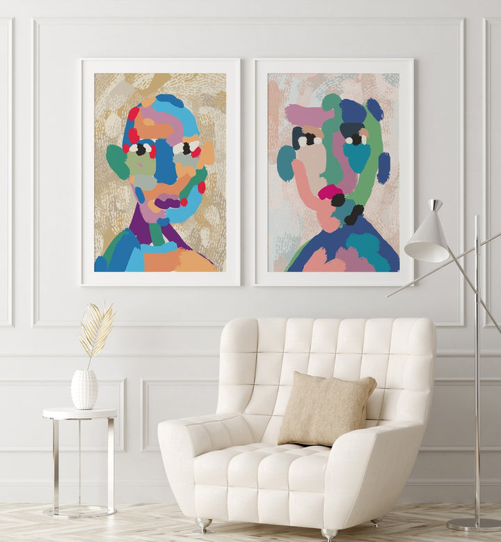 Brighten your space with the MODERN PORTRAIT ABSTRACT, SET OF 2 PAINTINGS featuring vibrant colors and unique textures.