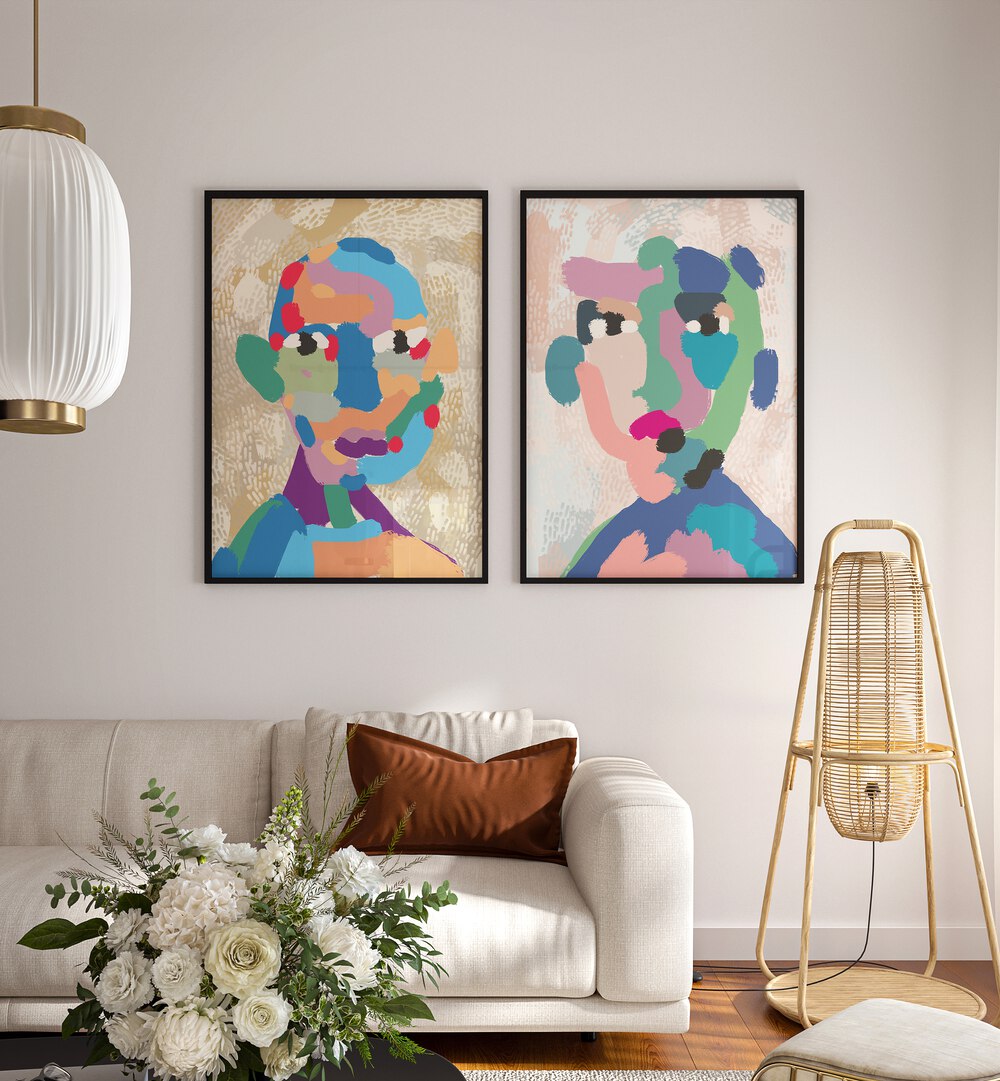 Transform your space with MODERN PORTRAIT ABSTRACT, SET OF 2 PAINTINGS featuring vibrant colors and unique textures.