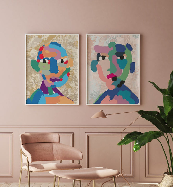 Vibrant MODERN PORTRAIT ABSTRACT, SET OF 2 PAINTINGS adding contemporary elegance to your living space.