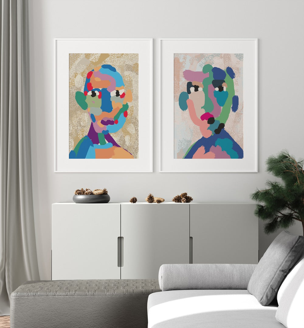 Vibrant MODERN PORTRAIT ABSTRACT, SET OF 2 PAINTINGS enhancing contemporary living spaces with unique textures.