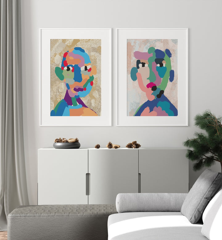 Vibrant MODERN PORTRAIT ABSTRACT, SET OF 2 PAINTINGS enhancing contemporary living spaces with unique textures.