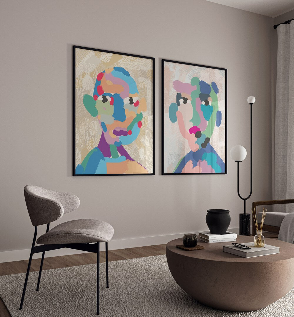 Colorful MODERN PORTRAIT ABSTRACT, SET OF 2 PAINTINGS enhancing contemporary living spaces with vibrant designs.
