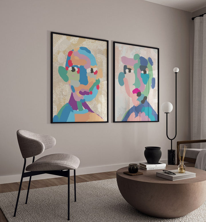 Colorful MODERN PORTRAIT ABSTRACT, SET OF 2 PAINTINGS enhancing contemporary living spaces with vibrant designs.
