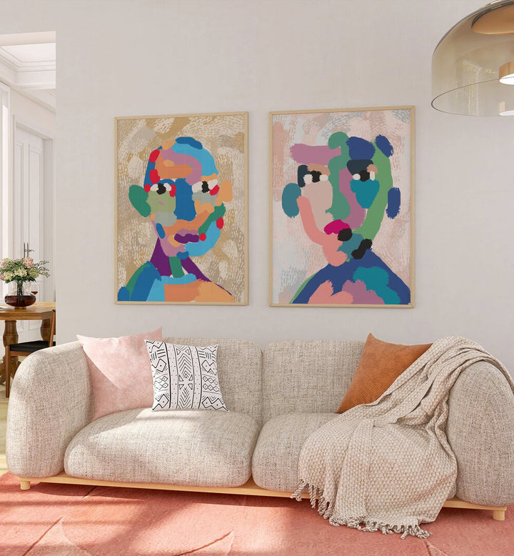 Vibrant MODERN PORTRAIT ABSTRACT, SET OF 2 PAINTINGS enhances your space with contemporary flair and striking colors.
