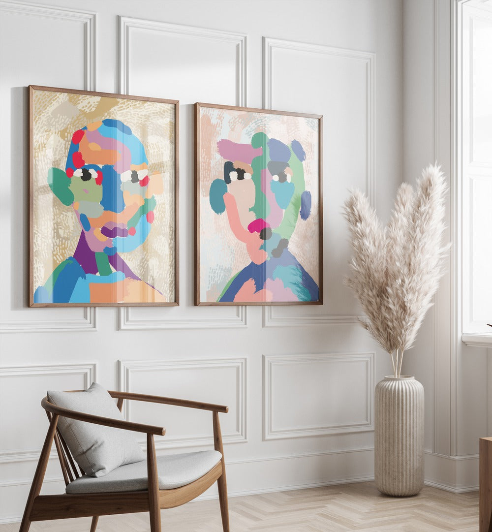 Vibrant MODERN PORTRAIT ABSTRACT, SET OF 2 PAINTINGS enhancing a contemporary living space with unique textures.