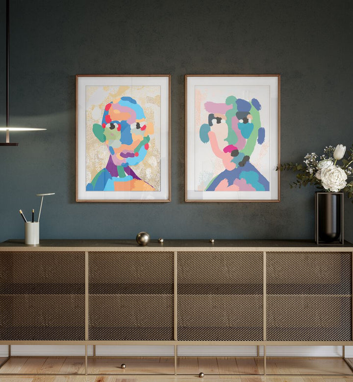 Vibrant MODERN PORTRAIT ABSTRACT, SET OF 2 PAINTINGS enhancing a stylish living space with contemporary flair.