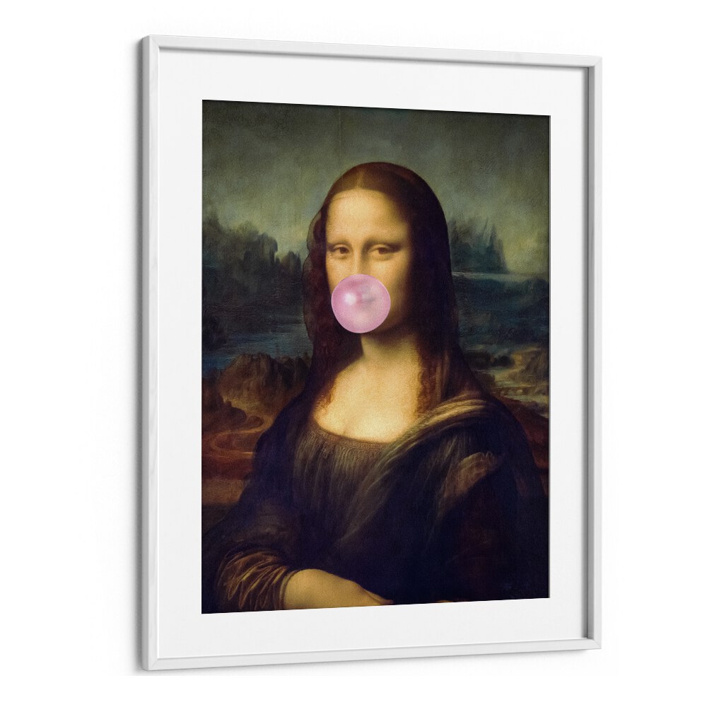 Mona Lisa Bubble Gum, pop art paintings by Taudalpoi, blend classic art with contemporary style in a stunning frame.