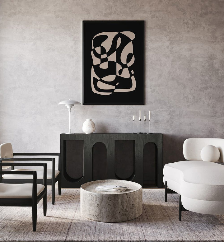 Stylish living room featuring MONOCHROME NORDIC DREAMSCAPE, ABSTRACT PAINTINGS by Preayna, enhancing modern elegance.