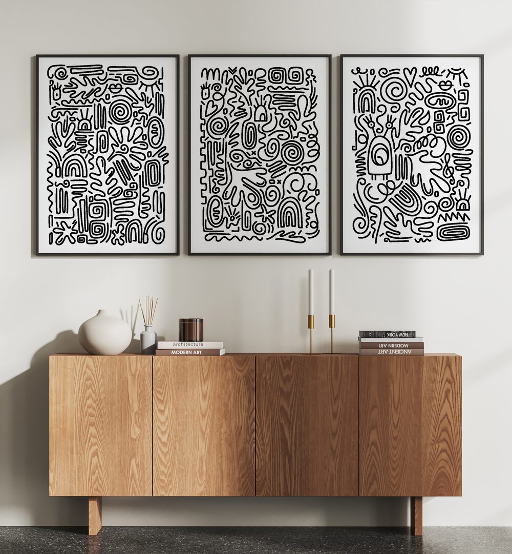 Captivating MONOCHROME MAZE SET, SET OF 3 PAINTINGS by AsianMonk, featuring intricate black and white abstract designs.