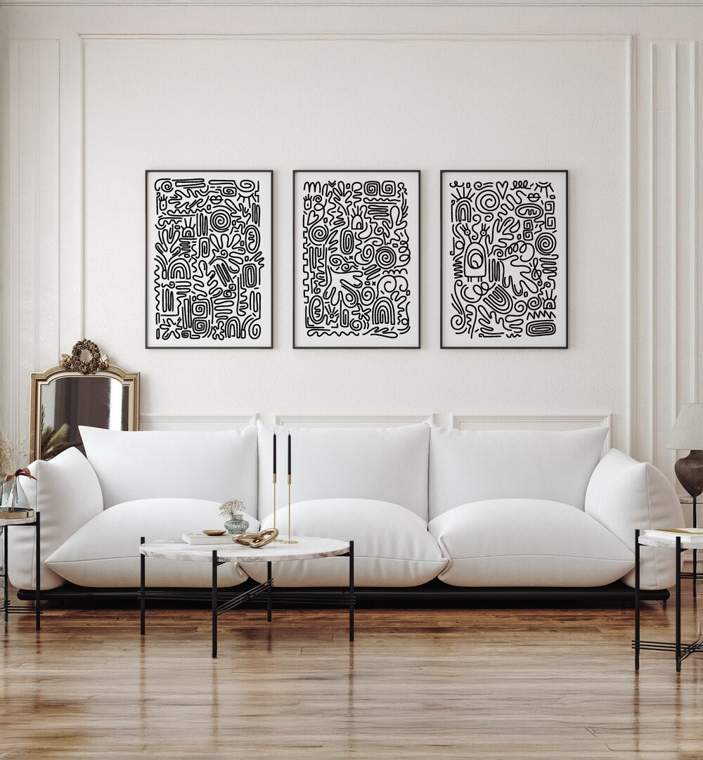 Stylish MONOCHROME MAZE SET, SET OF 3 PAINTINGS by AsianMonk enhances modern decor with intricate black and white designs.