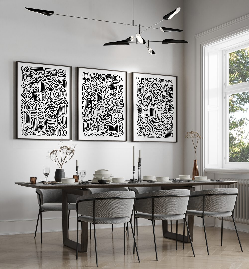 Stylish MONOCHROME MAZE SET, SET OF 3 PAINTINGS from AsianMonk enhances modern decor with intricate black and white designs.