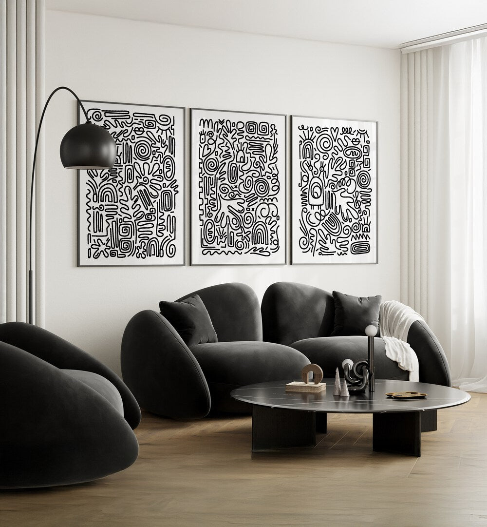 Stylish MONOCHROME MAZE SET, SET OF 3 PAINTINGS by AsianMonk enhances modern decor with striking black and white designs.