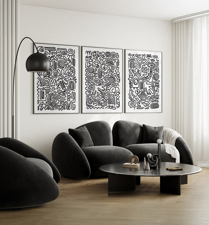 Stylish MONOCHROME MAZE SET, SET OF 3 PAINTINGS by AsianMonk enhances modern decor with striking black and white designs.