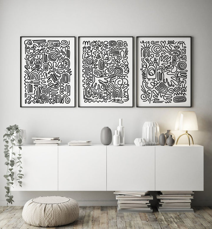 Stylish MONOCHROME MAZE SET, SET OF 3 PAINTINGS by AsianMonk, showcasing intricate black and white abstract designs.
