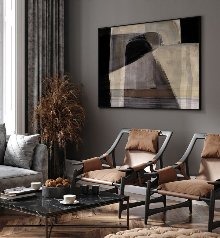 Elegant living room showcasing MOODS, ABSTRACT PAINTINGS by Dan Hobday, blending color and form for sophisticated decor.