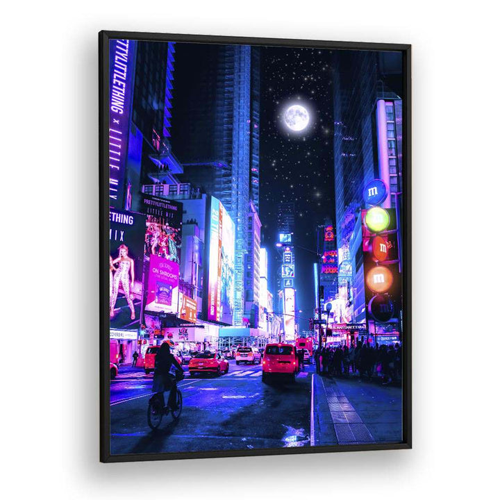 Vibrant urban scene featuring the enchanting MOON CITY, SURREAL ART PRINTS by Ritvik Takkar in a sleek black frame.