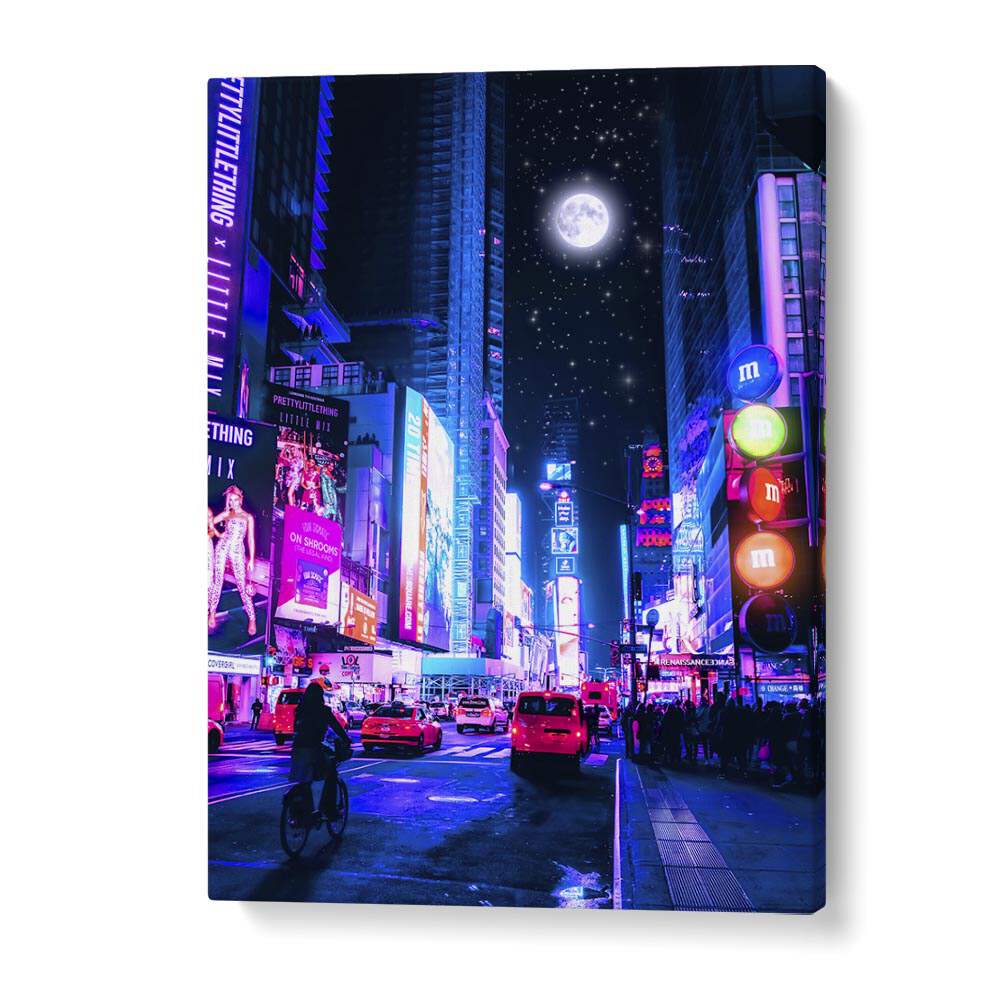 Explore the vibrant streets of MOON CITY, SURREAL ART PRINTS by Ritvik Takkar—an enchanting canvas masterpiece.