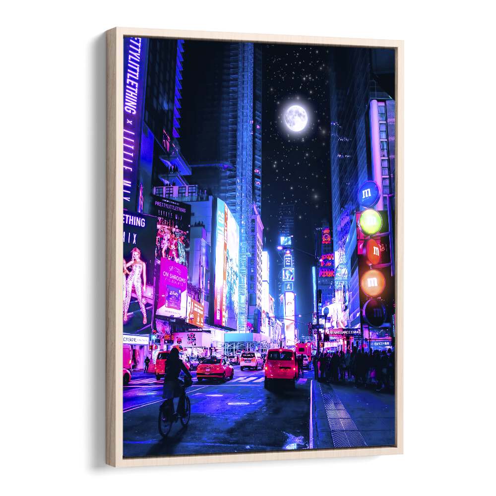Vibrant cityscape featuring the enchanting MOON CITY, SURREAL ART PRINTS by Ritvik Takkar in a stylish floater frame.