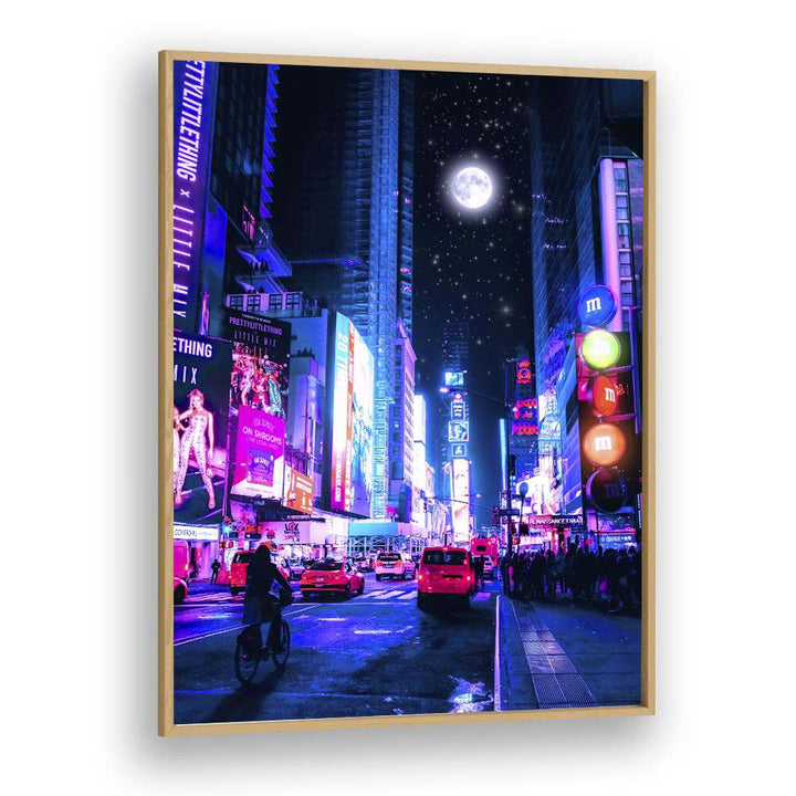 Discover the vibrant MOON CITY, SURREAL ART PRINTS by Ritvik Takkar, showcasing a dazzling urban night scene.