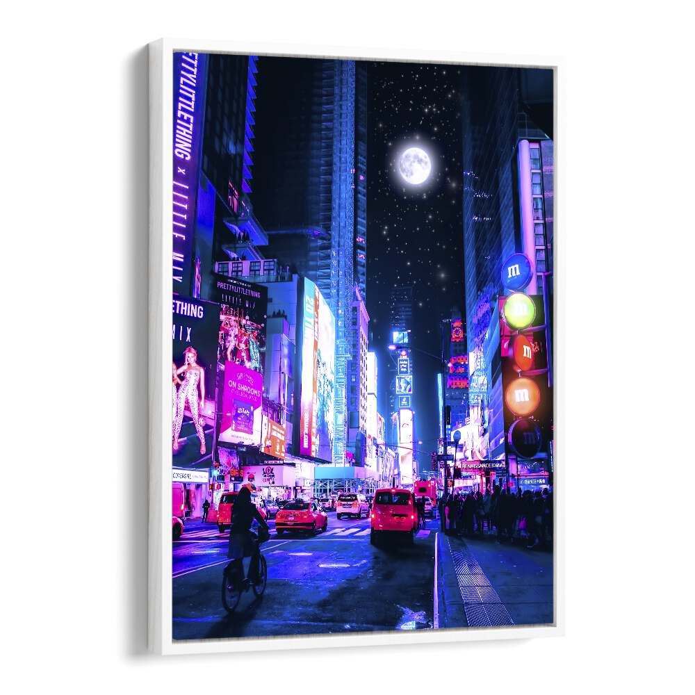 Explore the captivating MOON CITY, SURREAL ART PRINTS by Ritvik Takkar, showcasing a vibrant urban night scene.