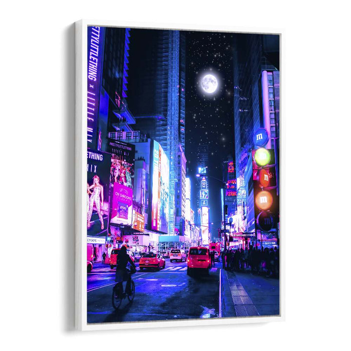 Explore the captivating MOON CITY, SURREAL ART PRINTS by Ritvik Takkar, showcasing a vibrant urban night scene.