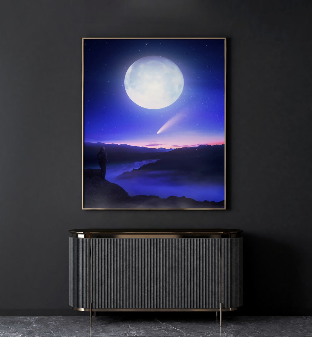 Stunning "Moon Date, Surreal Art Prints" by Ritvik Takkar, featuring a dreamy night landscape and glowing moon.