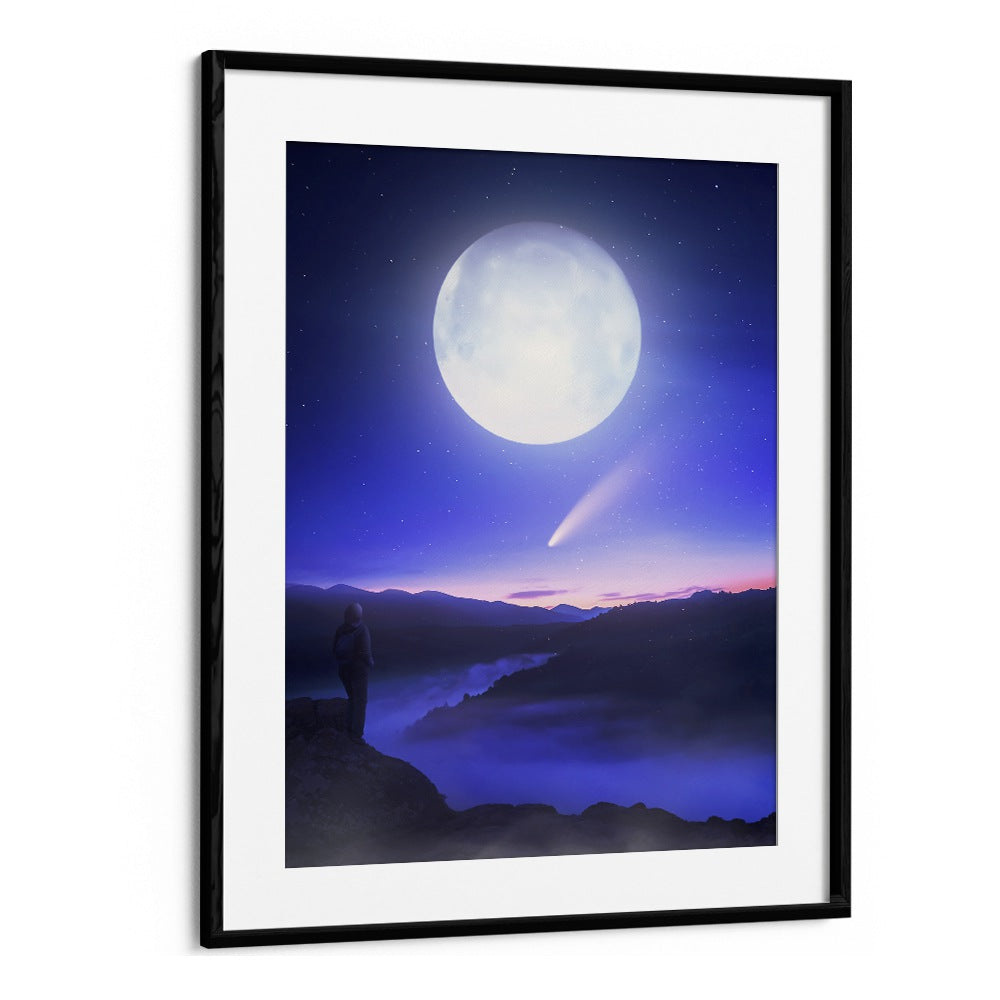 Elegant "Moon Date" surreal art prints by Ritvik Takkar feature a mesmerizing night sky, enhancing your décor.