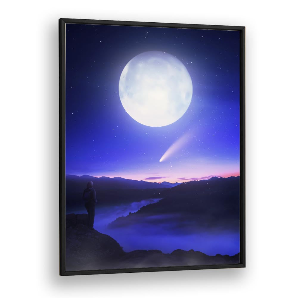 Stunning MOON DATE, SURREAL ART PRINTS featuring a large moon and comet against a dreamy night sky. Perfect for your home décor.