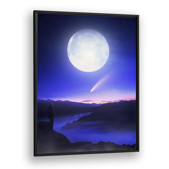 Stunning MOON DATE, SURREAL ART PRINTS featuring a large moon and comet against a dreamy night sky. Perfect for your home décor.