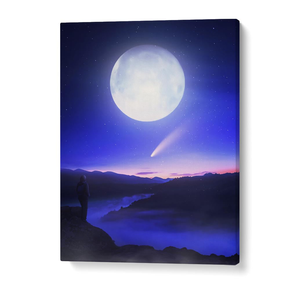 Stunning "MOON DATE, SURREAL ART PRINTS" by Ritvik Takkar, featuring a luminous moon over a serene landscape.