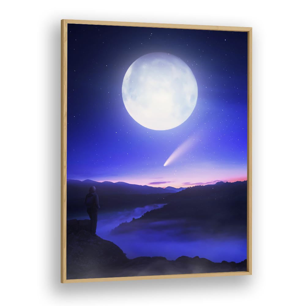 “MOON DATE, SURREAL ART PRINTS by Ritvik Takkar features a dreamy scene with a luminous moon over misty mountains.”