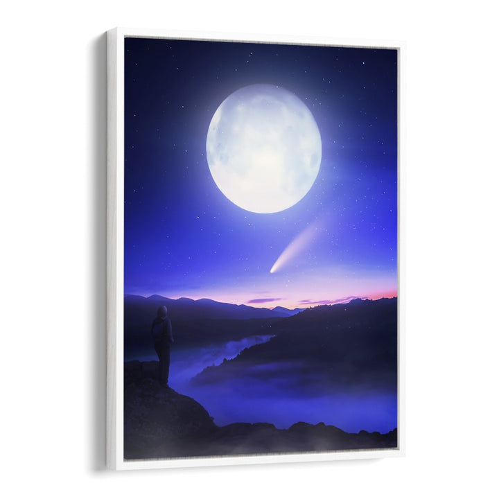 Surreal art print "Moon Date" by Ritvik Takkar featuring a breathtaking moonlit landscape. Perfect for décor.