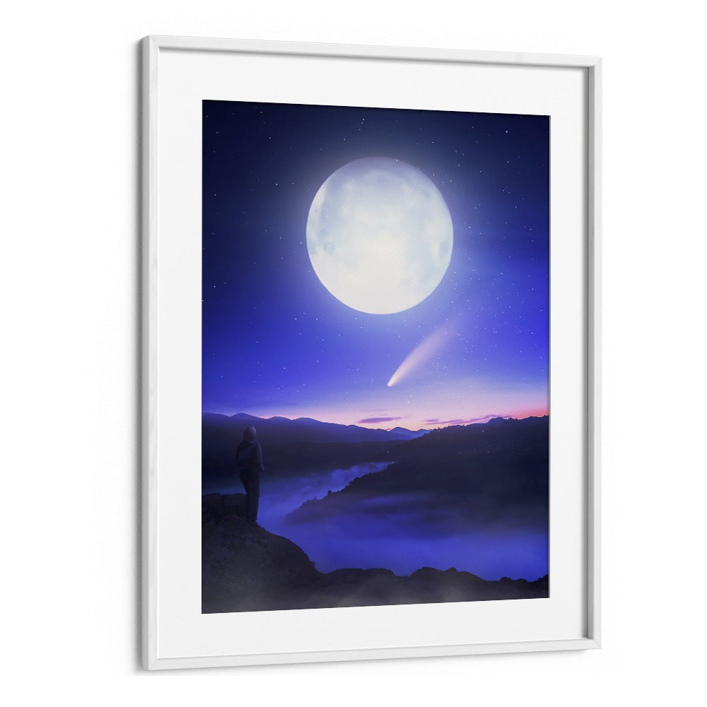 "MOON DATE, SURREAL ART PRINTS by Ritvik Takkar showcases a dreamy landscape with a luminous moon and comet."