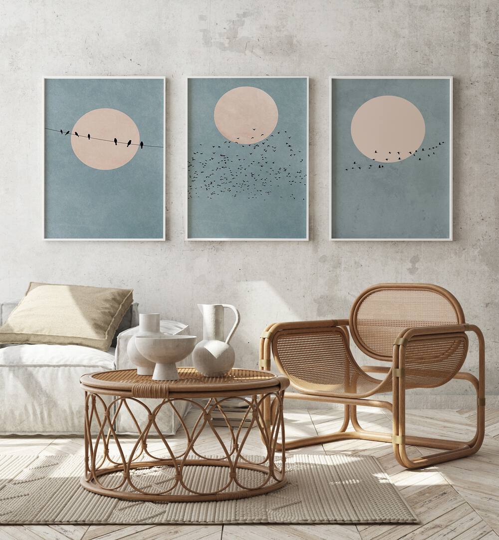 Transform your space with the MOON SET, SET OF 3 PAINTINGS featuring serene bird imagery and soft moon hues.