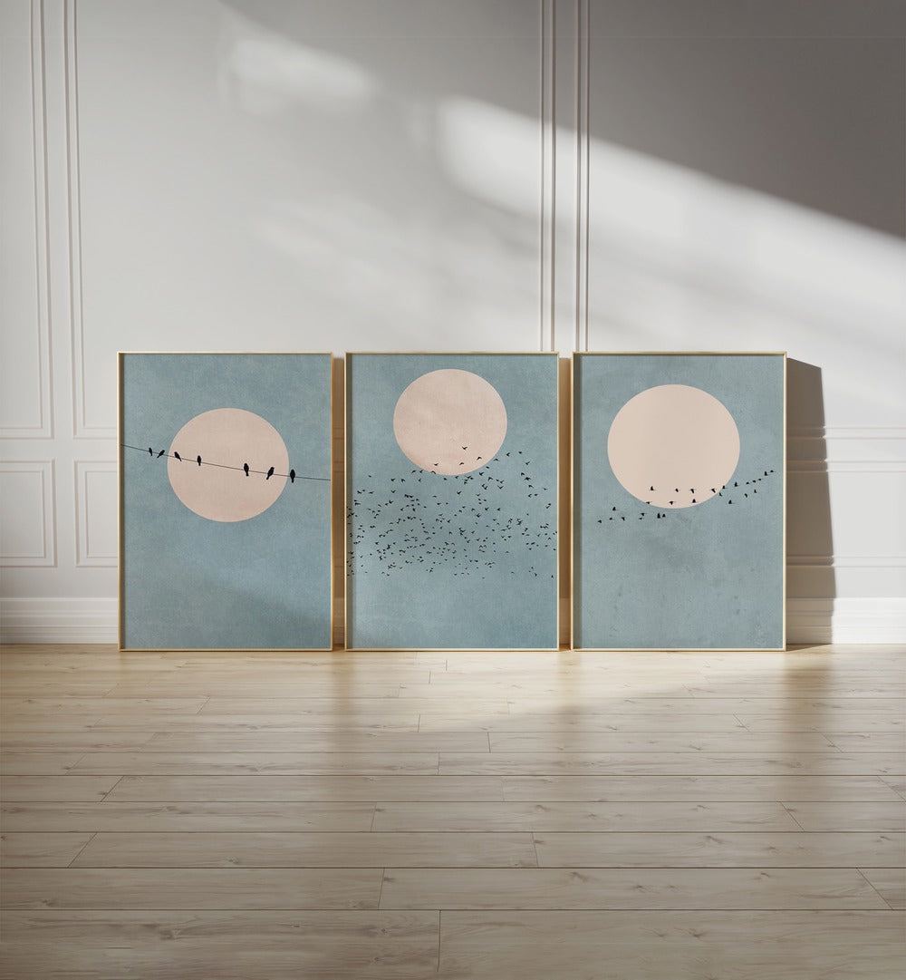 Captivating MOON SET, SET OF 3 PAINTINGS showcasing serene birds and soft colors, perfect for any stylish home.