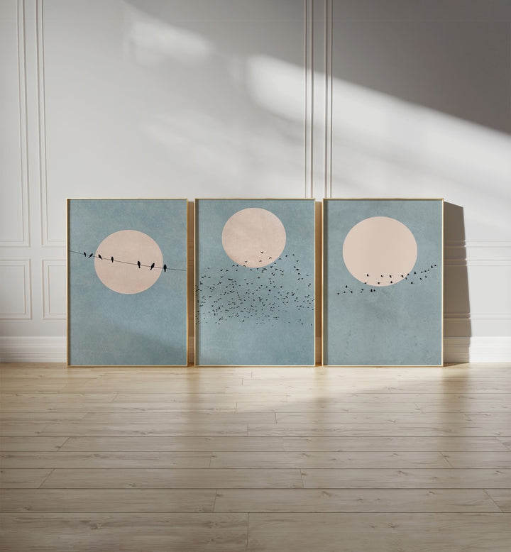 Captivating MOON SET, SET OF 3 PAINTINGS showcasing serene birds and soft colors, perfect for any stylish home.