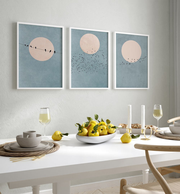 Elevate your decor with the MOON SET, SET OF 3 PAINTINGS featuring serene moonlit scenes with birds.