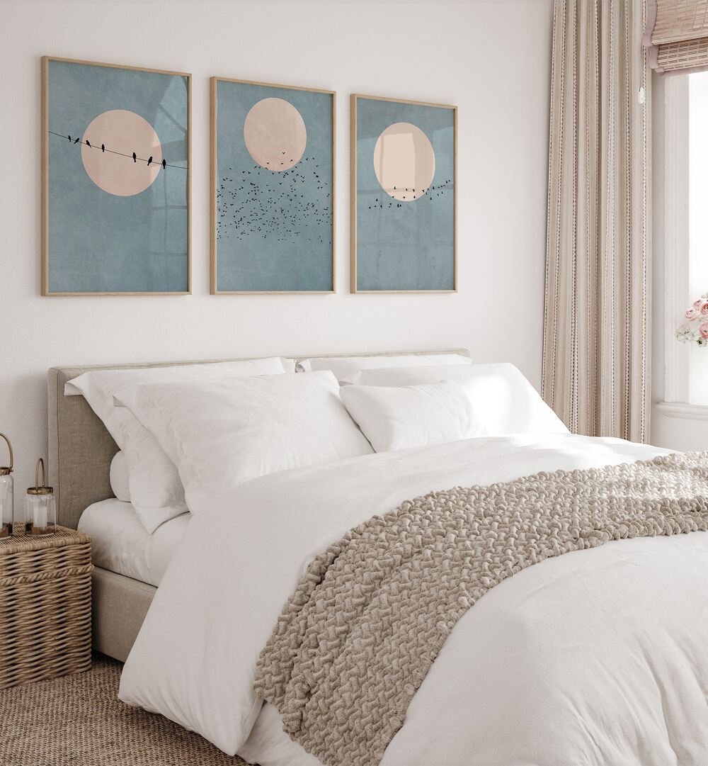 MOON SET, SET OF 3 PAINTINGS showcases serene framed art with birds, perfect for enhancing your living space.