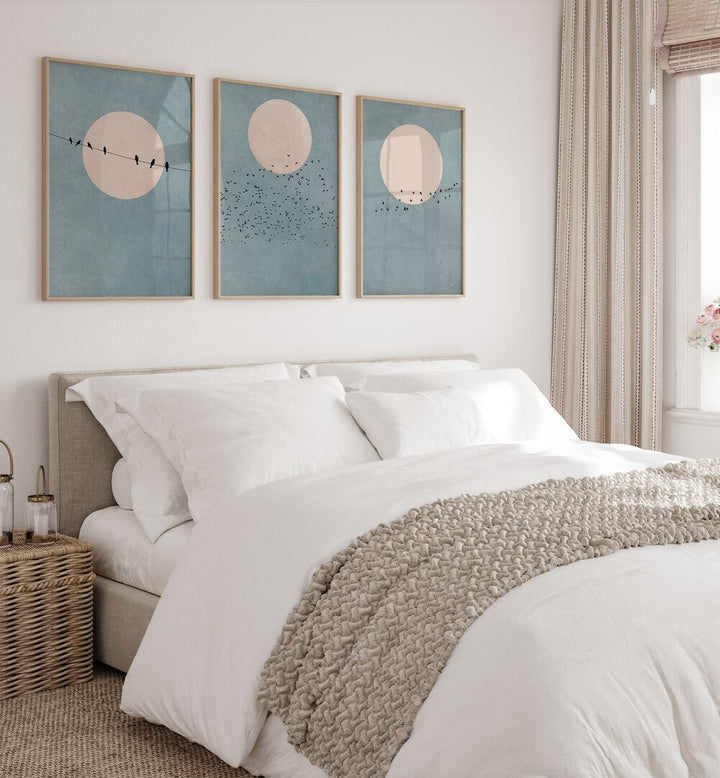 MOON SET, SET OF 3 PAINTINGS showcases serene framed art with birds, perfect for enhancing your living space.