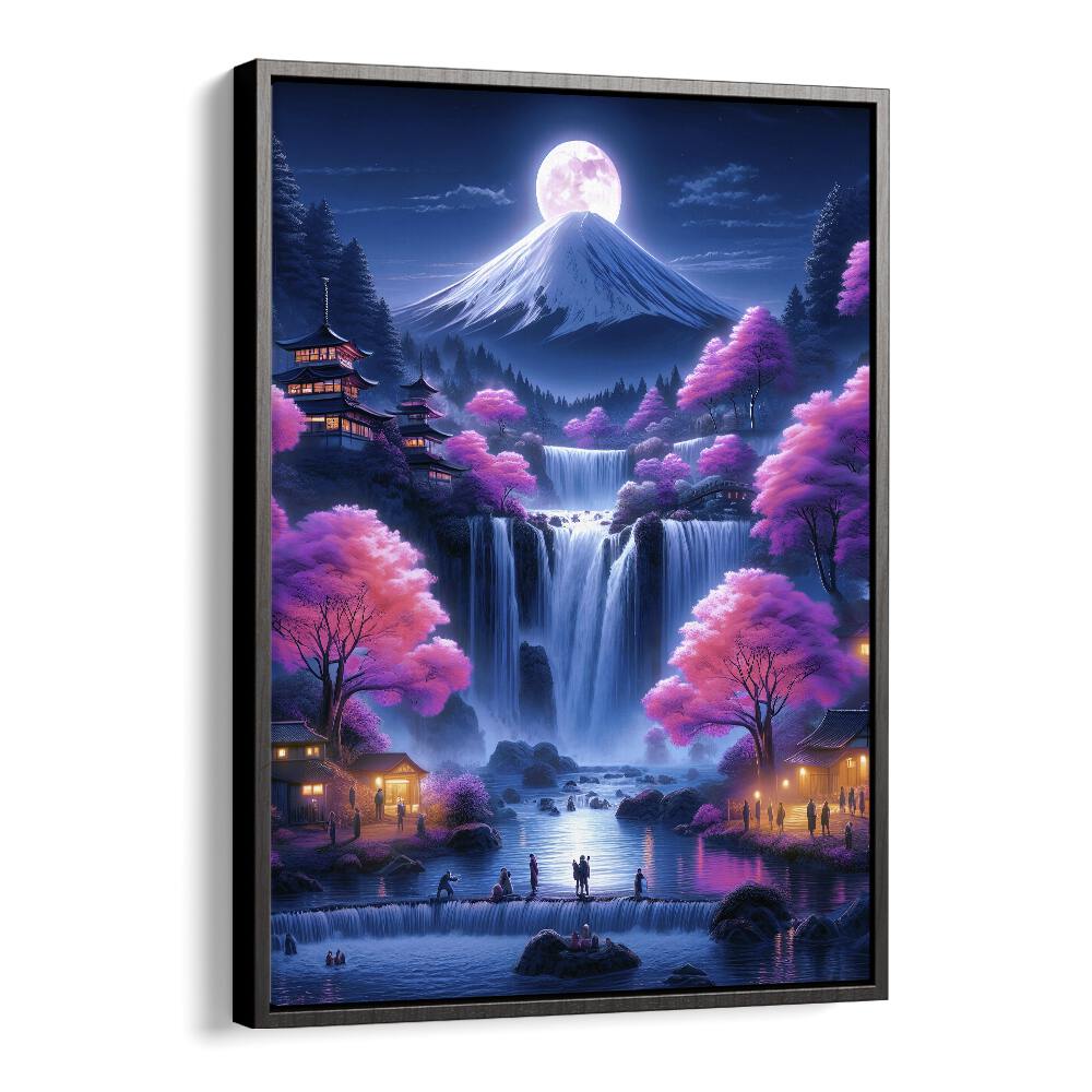 "MOONSHINE VILLAGE, SURREAL ART PRINTS by Ritvik Takkar showcases a dreamy landscape with vibrant colors and a full moon."