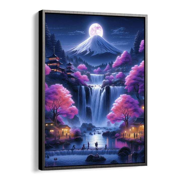 "MOONSHINE VILLAGE, SURREAL ART PRINTS by Ritvik Takkar showcases a dreamy landscape with vibrant colors and a full moon."
