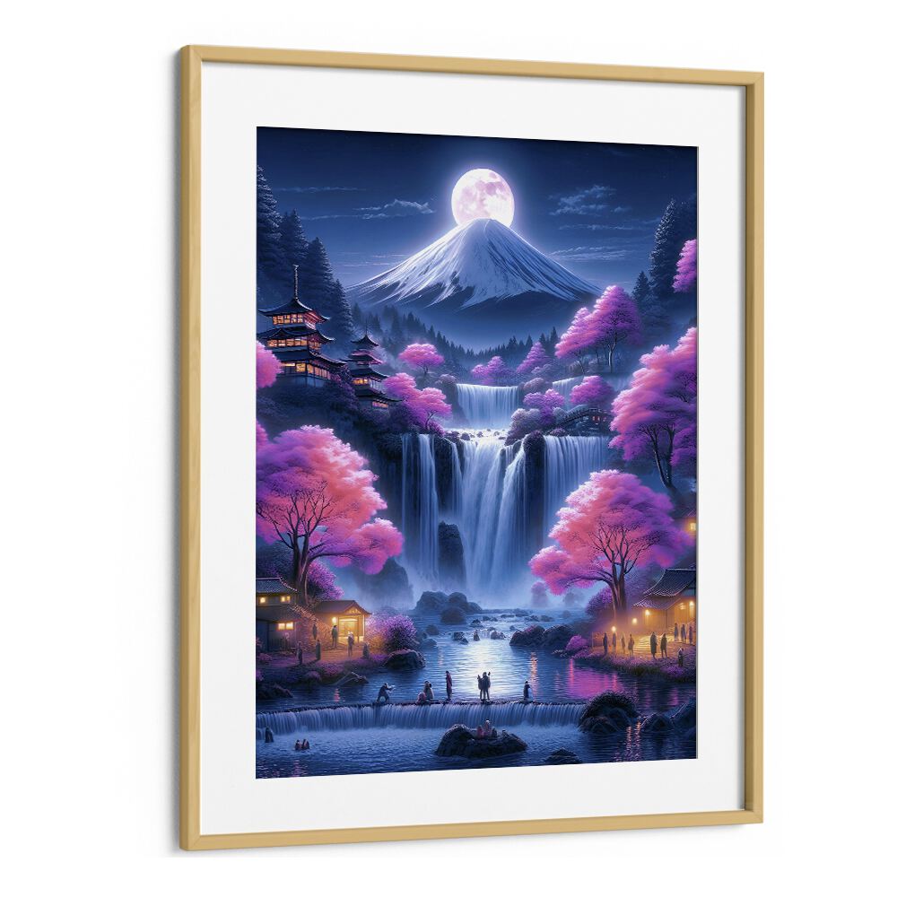 Discover the enchanting "MOONSHINE VILLAGE , SURREAL ART PRINTS" by Ritvik Takkar, framed in elegant oak.