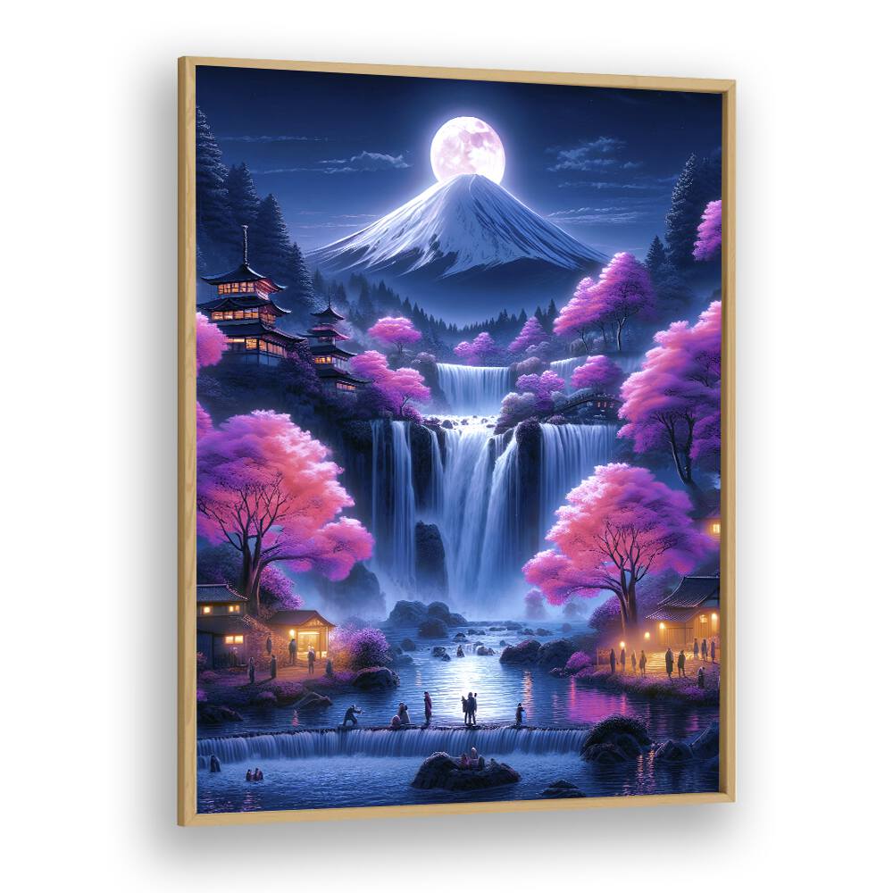 Surreal art print "MOONSHINE VILLAGE" by Ritvik Takkar, featuring vibrant colors and dreamlike landscapes.