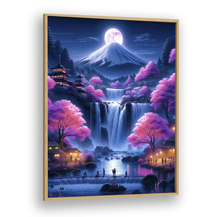 Surreal art print "MOONSHINE VILLAGE" by Ritvik Takkar, featuring vibrant colors and dreamlike landscapes.