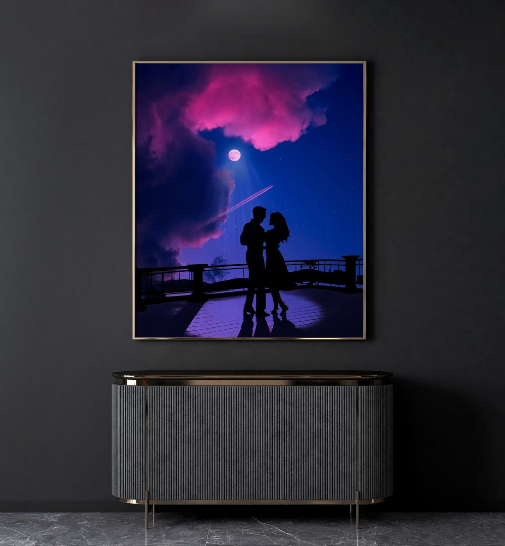 Moonshine Waltz, surreal art prints by Ritvik Takkar, feature a romantic scene under a vibrant moonlit sky.
