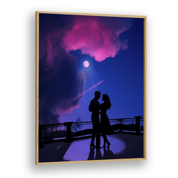 Captivating MOONSHINE WALTZ, SURREAL ART PRINTS featuring a romantic silhouette under a vibrant moonlit sky.