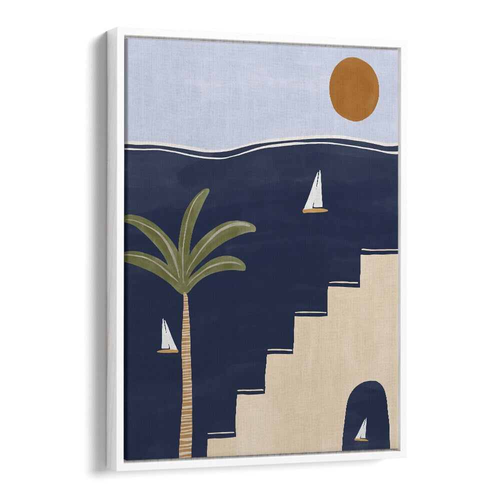 Elegant Moracan, Boho art paintings by Ivy Green feature a serene ocean scene with sailboats and vibrant colors.